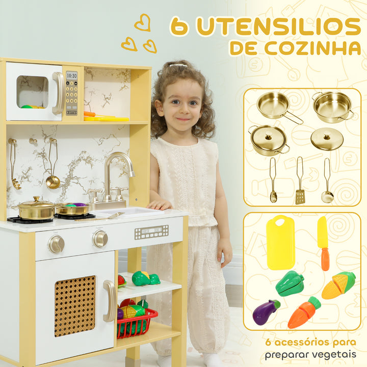 Cozinha de Brincar em Madeira com Som Cozinha Infantil com Acessórios em Aço Inoxidável Micro-Ondas Forno Lava-Loiças Legumes para Cortar para Crianças a Partir de 3 Anos 55x24x96 cm Dourado