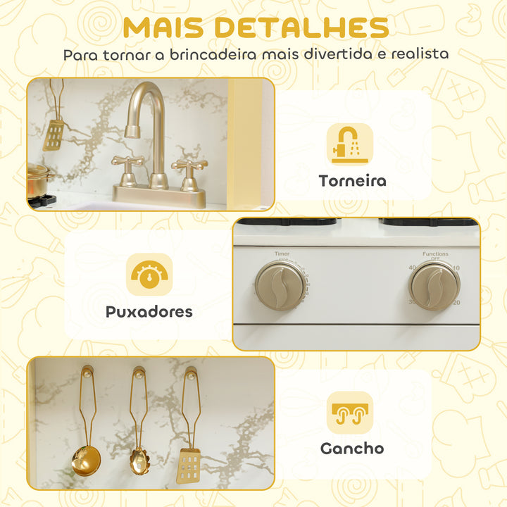 Cozinha de Brincar em Madeira com Som Cozinha Infantil com Acessórios em Aço Inoxidável Micro-Ondas Forno Lava-Loiças Legumes para Cortar para Crianças a Partir de 3 Anos 55x24x96 cm Dourado