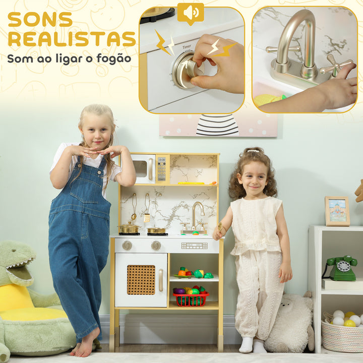 Cozinha de Brincar em Madeira com Som Cozinha Infantil com Acessórios em Aço Inoxidável Micro-Ondas Forno Lava-Loiças Legumes para Cortar para Crianças a Partir de 3 Anos 55x24x96 cm Dourado
