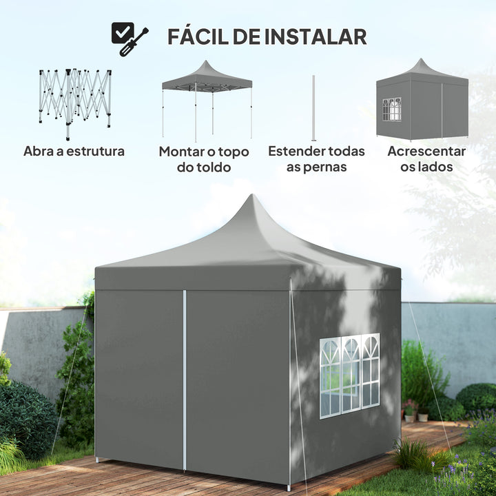 Tenda Dobrável Pop-Up 3x3 m Tenda Dobrável com 4 Paredes Laterais Anti-UV Altura Ajustável Estrutura Metálica Resistente e Bolsa de Transporte para Campismo Festas Cinza