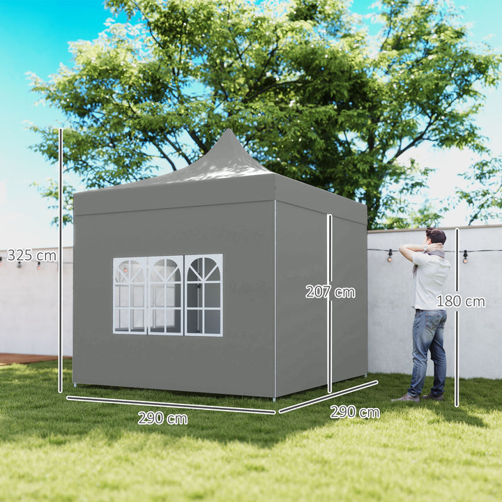 Tenda Dobrável Pop-Up 3x3 m Tenda Dobrável com 4 Paredes Laterais Anti-UV Altura Ajustável Estrutura Metálica Resistente e Bolsa de Transporte para Campismo Festas Cinza