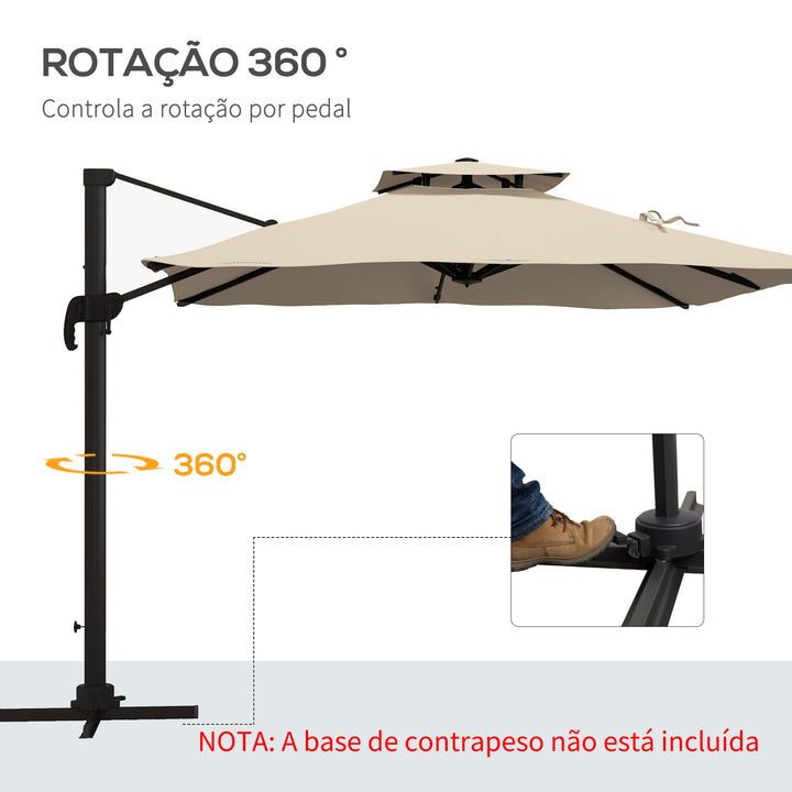 Chapéu de Sol de Alumínio Ø295x270 cm Chapéu de Sol Excêntrico com Manivela Teto Duplo Inclinável Mastro Giratório 360° com Pedal e Base Cruzada para Pátio Varanda Cáqui