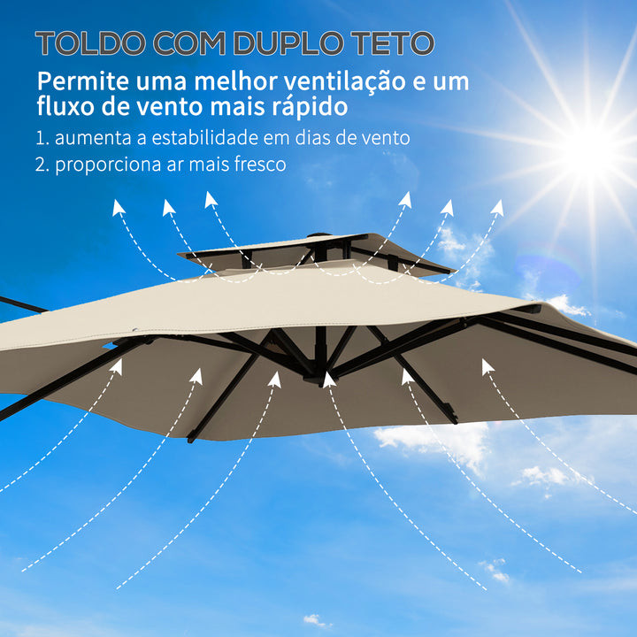 Chapéu de Sol de Alumínio Ø295x270 cm Chapéu de Sol Excêntrico com Manivela Teto Duplo Inclinável Mastro Giratório 360° com Pedal e Base Cruzada para Pátio Varanda Cáqui