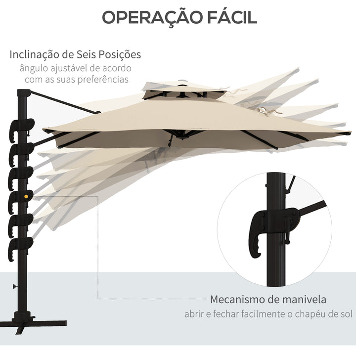 Chapéu de Sol de Alumínio Ø295x270 cm Chapéu de Sol Excêntrico com Manivela Teto Duplo Inclinável Mastro Giratório 360° com Pedal e Base Cruzada para Pátio Varanda Cáqui