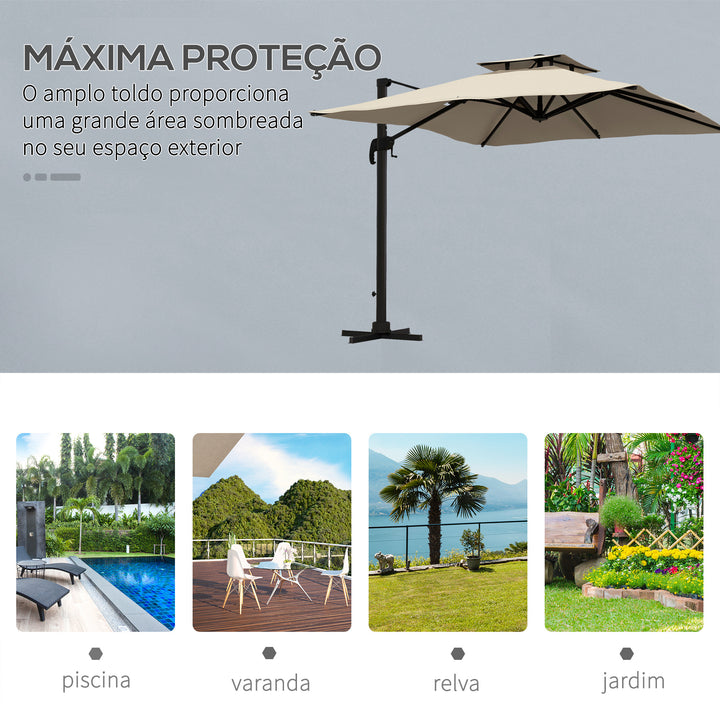 Chapéu de Sol de Alumínio Ø295x270 cm Chapéu de Sol Excêntrico com Manivela Teto Duplo Inclinável Mastro Giratório 360° com Pedal e Base Cruzada para Pátio Varanda Cáqui