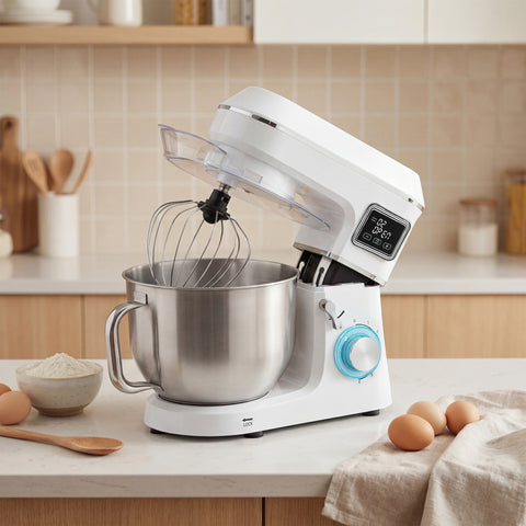 Batedeira Planetária 6L, 1400W, 6 Velocidades, LED, Fermentação, Taça de Aço Inoxidável, Batedor, Gancho, Vara, Protetor contra Salpicos, Branco