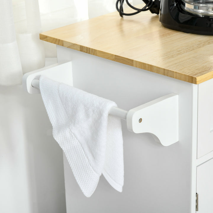 Carrinho de Cozinha com Rodas Carrinho de Cozinha Multiuso com 2 Gavetas 3 Portas Prateleiras Ajustáveis e Barra para Sala de Jantar 121x46x91cm Branco e Madeira