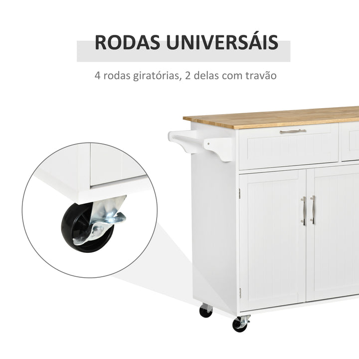 Carrinho de Cozinha com Rodas Carrinho de Cozinha Multiuso com 2 Gavetas 3 Portas Prateleiras Ajustáveis e Barra para Sala de Jantar 121x46x91cm Branco e Madeira