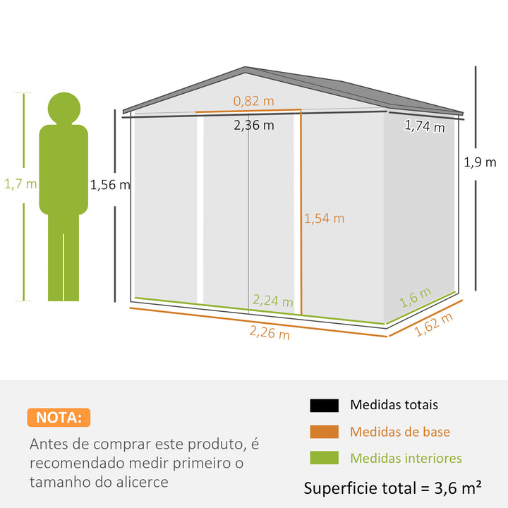 Abrigo de Jardim de 3,6 m² 236x174x190 cm Abrigo de Exterior para Armazenamento de Ferramentas com Portas de Correr e 4 Janelas de Ventilação para Pátio Cinza Claro