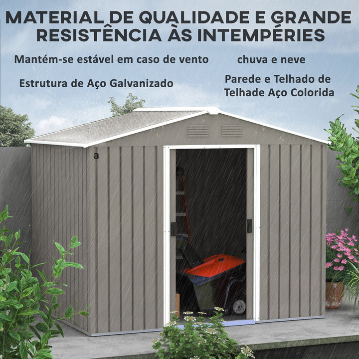 Abrigo de Jardim de 3,6 m² 236x174x190 cm Abrigo de Exterior para Armazenamento de Ferramentas com Portas de Correr e 4 Janelas de Ventilação para Pátio Cinza Claro