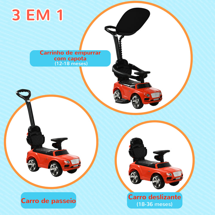Carro Andador 3 em 1 Carro Andador com Licença Bentley Bentayga Carro Andador para Bebés de 12-36 Meses com Guiador e Capô Desmontáveis Música e Buzina Vermelho