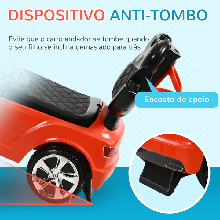 Carro Andador 3 em 1 Carro Andador com Licença Bentley Bentayga Carro Andador para Bebés de 12-36 Meses com Guiador e Capô Desmontáveis Música e Buzina Vermelho