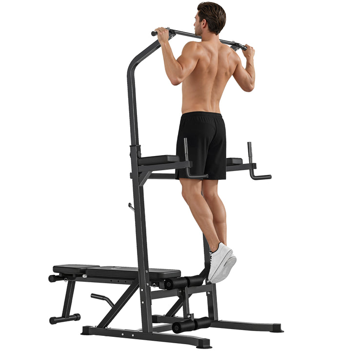 Estação de Musculação Torre de Treinamento Altura Ajustável com Barra de Flexões e Banco Dobrável para Fitness em Casa Academia Carga 150kg 99x178x230cm Preto
