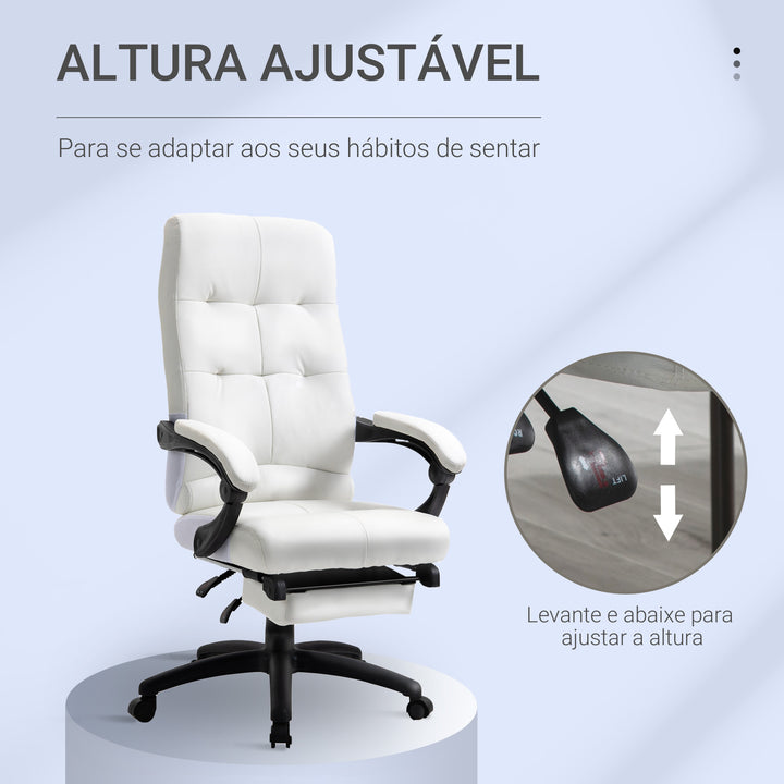 Cadeira de escritório ergonômica giratória com função de inclinação altura ajustável Apoio de braço e apoio para os pés em couro sintético 65x65x114-124 cm Branco
