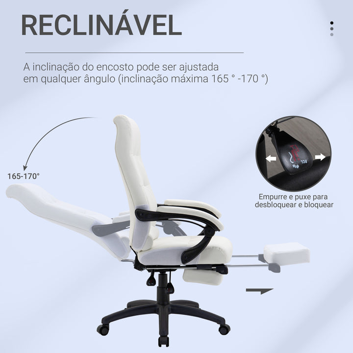 Cadeira de escritório ergonômica giratória com função de inclinação altura ajustável Apoio de braço e apoio para os pés em couro sintético 65x65x114-124 cm Branco