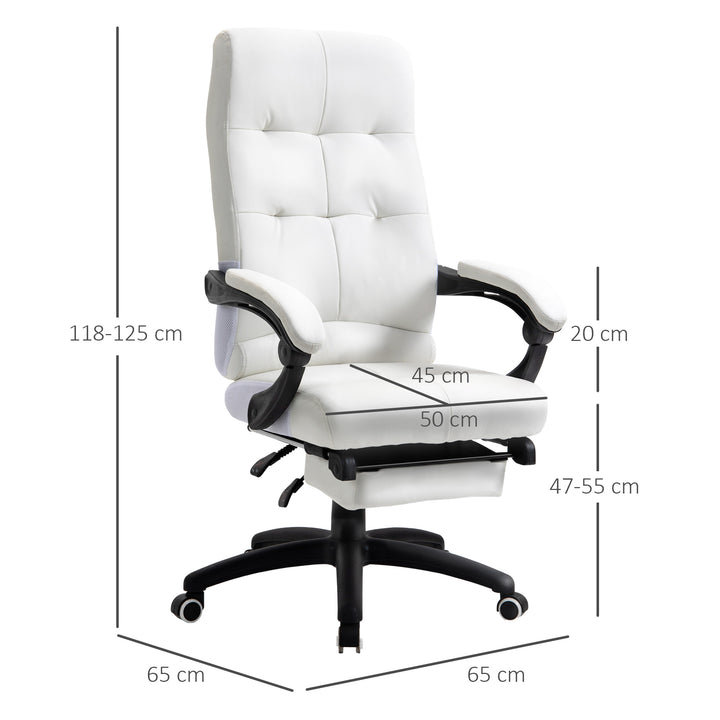 Cadeira de escritório ergonômica giratória com função de inclinação altura ajustável Apoio de braço e apoio para os pés em couro sintético 65x65x114-124 cm Branco