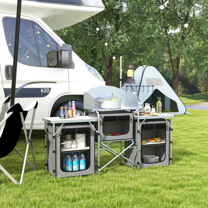 Móvel de Cozinha para Campismo Armário para Campismo Dobrável com 3 Tampos 3 Armários Suporte de Luz 4 Ganchos e Bolsa de Transporte para Campismo Piquenique 172x48x119 cm Cinza