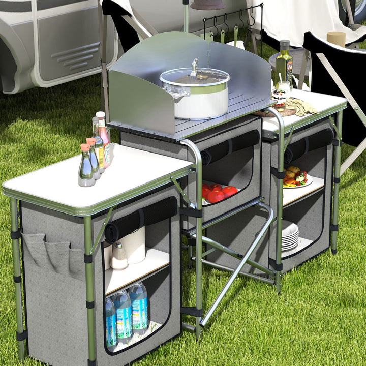 Móvel de Cozinha para Campismo Armário para Campismo Dobrável com 3 Tampos 3 Armários Suporte de Luz 4 Ganchos e Bolsa de Transporte para Campismo Piquenique 172x48x119 cm Cinza