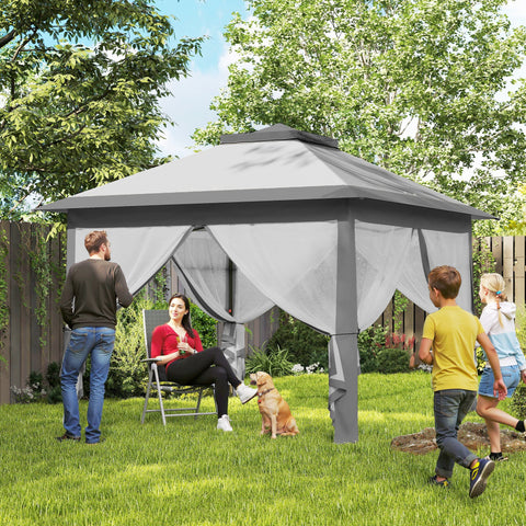 Tenda Dobrável Exterior 3,3x3,3 m com Altura Ajustável Tenda de Jardim com Teto Duplo 4 Mosquiteiras Removíveis e Bolsa de Transporte para Acampamento Festas Cinza