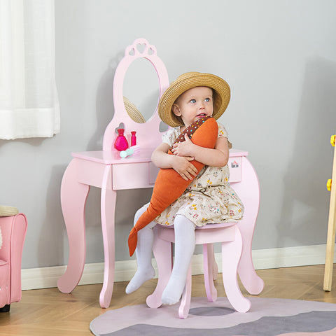 Toucador Infantil de Madeira para Crianças de 3-6 Anos com Banco e Espelho Estilo Princesa Mesa de Maquilhagem Infantil com Gaveta para Dormitório 60x36x88cm Rosa