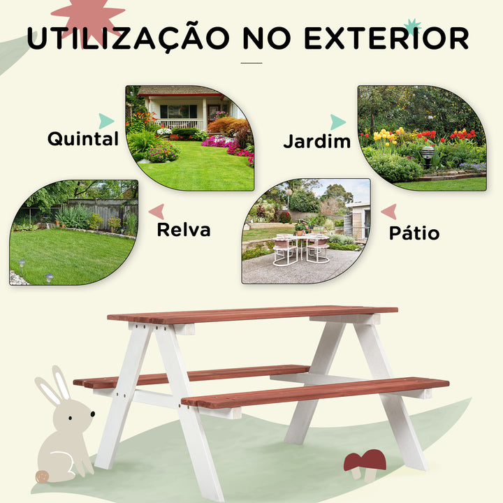 Conjunto de Mesa e 2 Bancos Infantil de Madeira Mesa de Piquenique para Crianças de 3-8 Anos para Jardim Pátio Varanda 89x79x50 cm Marrom e Branco