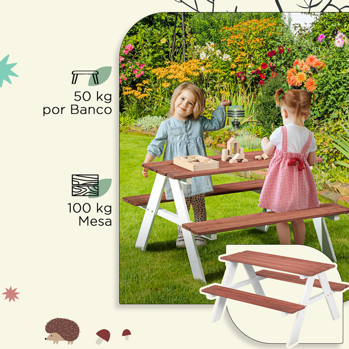 Conjunto de Mesa e 2 Bancos Infantil de Madeira Mesa de Piquenique para Crianças de 3-8 Anos para Jardim Pátio Varanda 89x79x50 cm Marrom e Branco