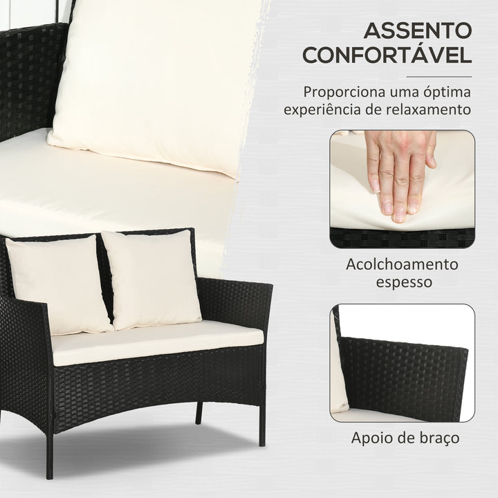 Conjunto de Jardim de Vime Sintético Conjunto de 4 Peças Móveis de Jardim com 2 Poltronas 1 Sofá de 2 Lugares 1 Mesa de Centro com Tampo de Vidro e Almofadas Preto e Branco