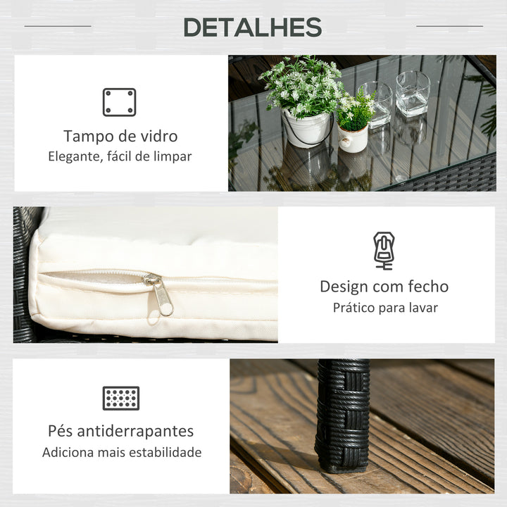 Conjunto de Jardim de Vime Sintético Conjunto de 4 Peças Móveis de Jardim com 2 Poltronas 1 Sofá de 2 Lugares 1 Mesa de Centro com Tampo de Vidro e Almofadas Preto e Branco