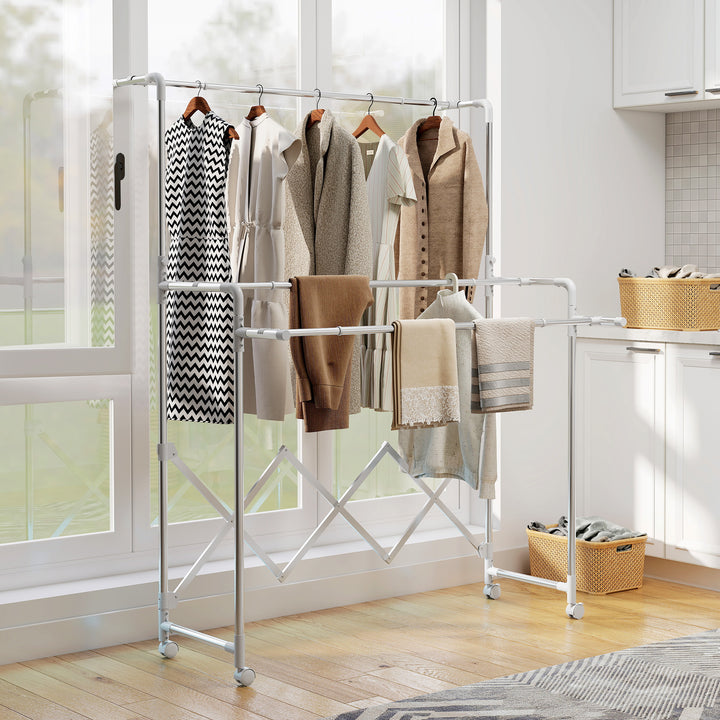 Estendal Vertical Dobrável de 3 Níveis Estendal de Aço Inoxidável com 3 Barras Ajustáveis e Extensíveis 4 Rodas para Interior 104-150x103x145-197 cm Prateado