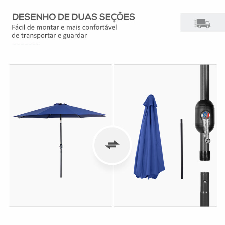 Chapéu de Sol de Jardim Ø295x250 cm com Manivela Chapéu de Sol Exterior com Mecanismo de Inclinação e Mastro Desmontável de Metal para Terraço Piscina Pátio Azul