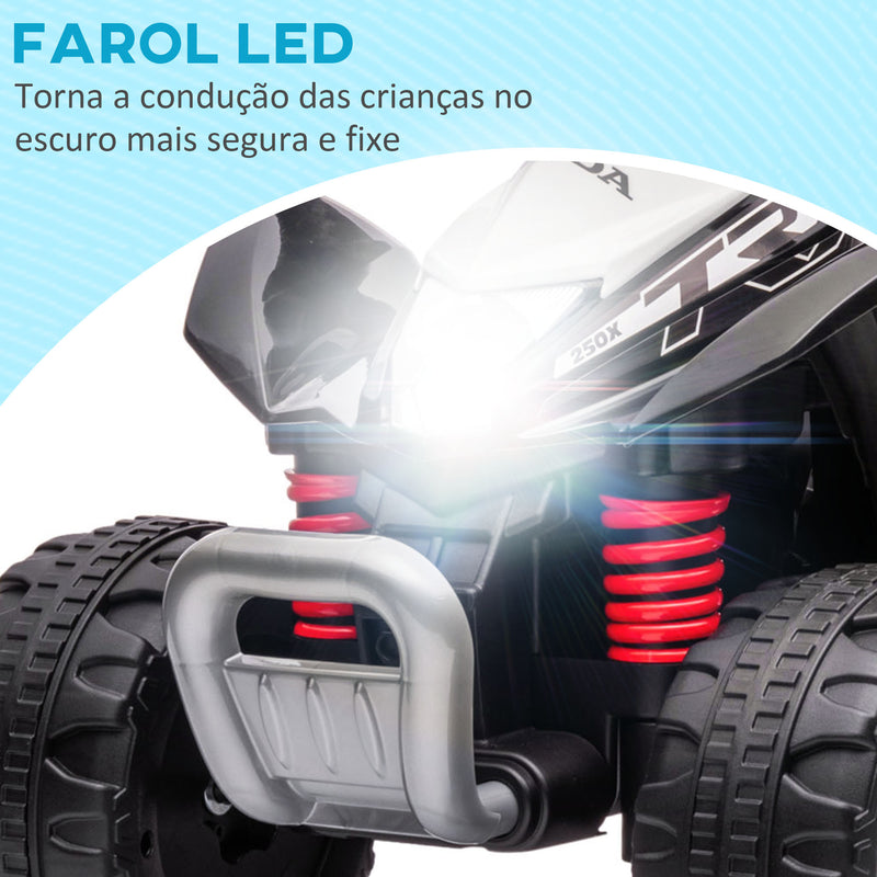 Quadriciclo Elétrico HONDA para Crianças de 18-36 Meses Quadriciclo Elétrico Infantil a Bateria 6V com Faróis LED Buzina Velocidade de 2,8km/h e Avance 65,5x35,5x43,5 cm Branco e Preto