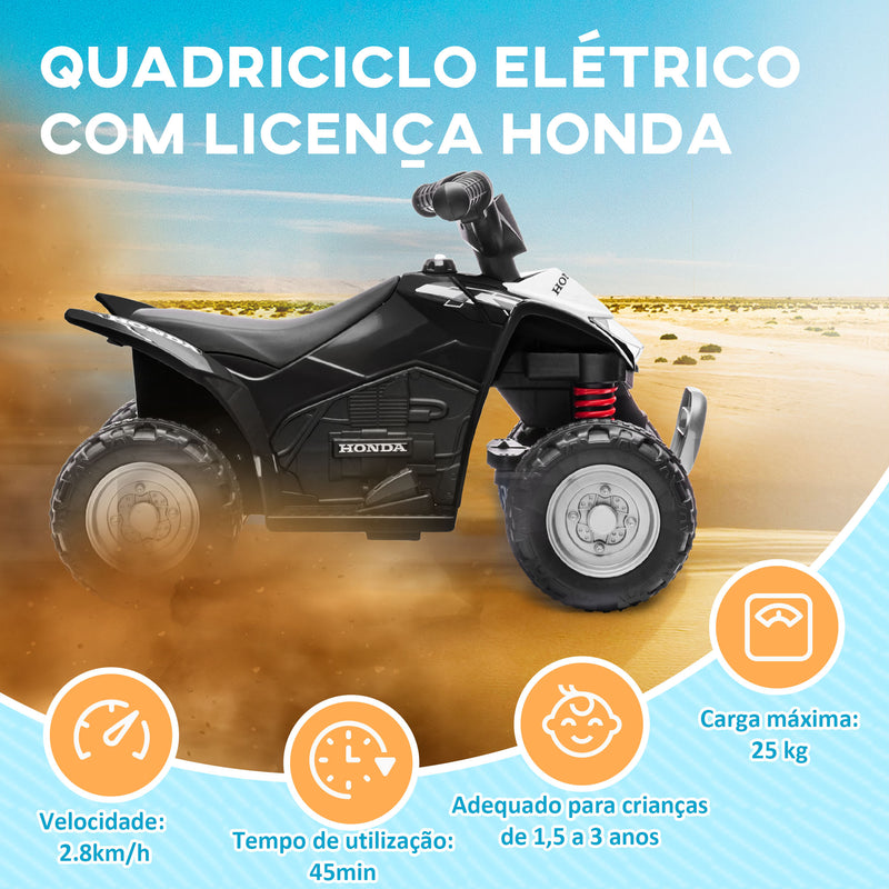 Quadriciclo Elétrico HONDA para Crianças de 18-36 Meses Quadriciclo Elétrico Infantil a Bateria 6V com Faróis LED Buzina Velocidade de 2,8km/h e Avance 65,5x35,5x43,5 cm Branco e Preto