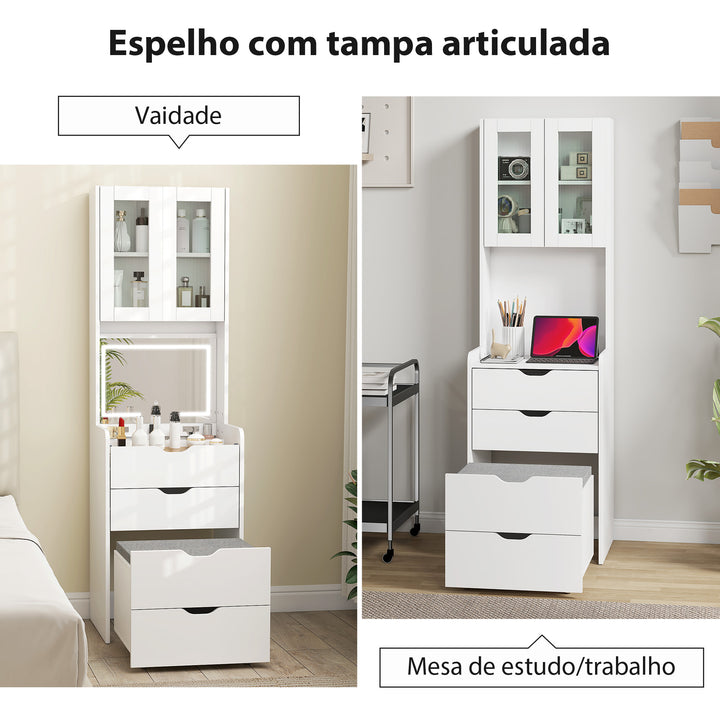 Toucador de Maquilhagem com Luzes LED de 3 Cores Espelho Rebatível e Banco Acolchoado Mesa de Maquilhagem de Vidro Visível com 3 Gavetas e Prateleiras para Espaços Reduzidos 50x40x160 cm Branco