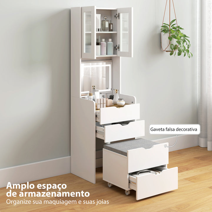 Toucador de Maquilhagem com Luzes LED de 3 Cores Espelho Rebatível e Banco Acolchoado Mesa de Maquilhagem de Vidro Visível com 3 Gavetas e Prateleiras para Espaços Reduzidos 50x40x160 cm Branco