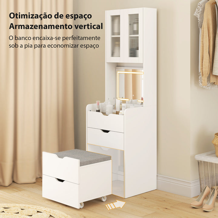 Toucador de Maquilhagem com Luzes LED de 3 Cores Espelho Rebatível e Banco Acolchoado Mesa de Maquilhagem de Vidro Visível com 3 Gavetas e Prateleiras para Espaços Reduzidos 50x40x160 cm Branco