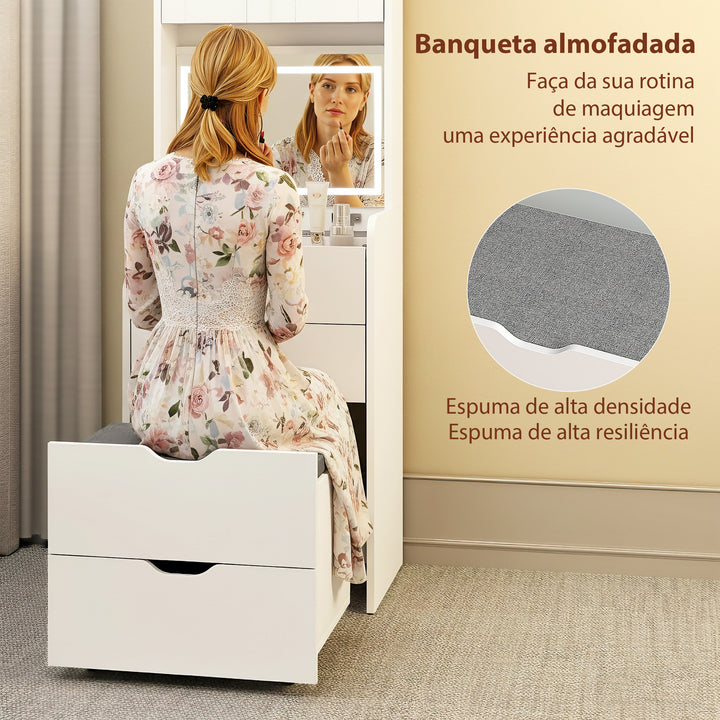 Toucador de Maquilhagem com Luzes LED de 3 Cores Espelho Rebatível e Banco Acolchoado Mesa de Maquilhagem de Vidro Visível com 3 Gavetas e Prateleiras para Espaços Reduzidos 50x40x160 cm Branco