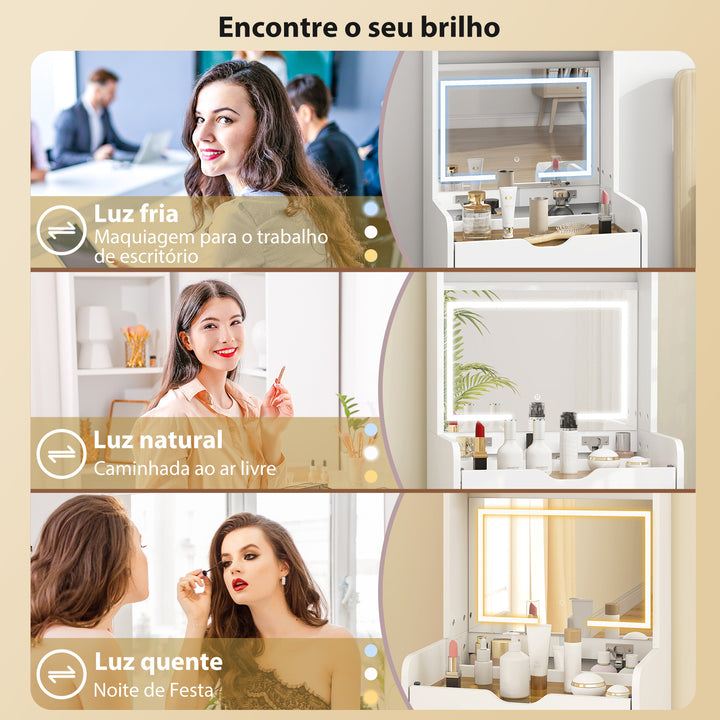 Toucador de Maquilhagem com Luzes LED de 3 Cores Espelho Rebatível e Banco Acolchoado Mesa de Maquilhagem de Vidro Visível com 3 Gavetas e Prateleiras para Espaços Reduzidos 50x40x160 cm Branco