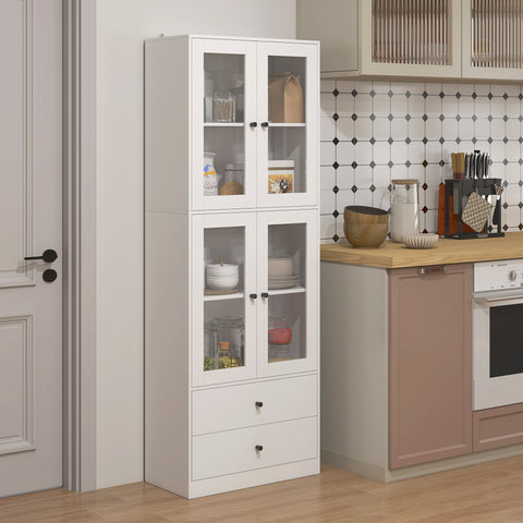 Armário de Cozinha Alto Móvel Auxiliar de Cozinha com 4 Portas de Vidro 2 Gavetas Prateleiras Ajustáveis 59x30x170 cm, Branco