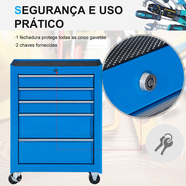 Carrinho de Ferramentas de Aço com 5 gavetas e 4 rodas Azul 61,5x33x85 cm