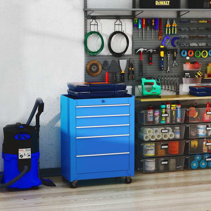 Carrinho de Ferramentas de Aço com 5 gavetas e 4 rodas Azul 61,5x33x85 cm