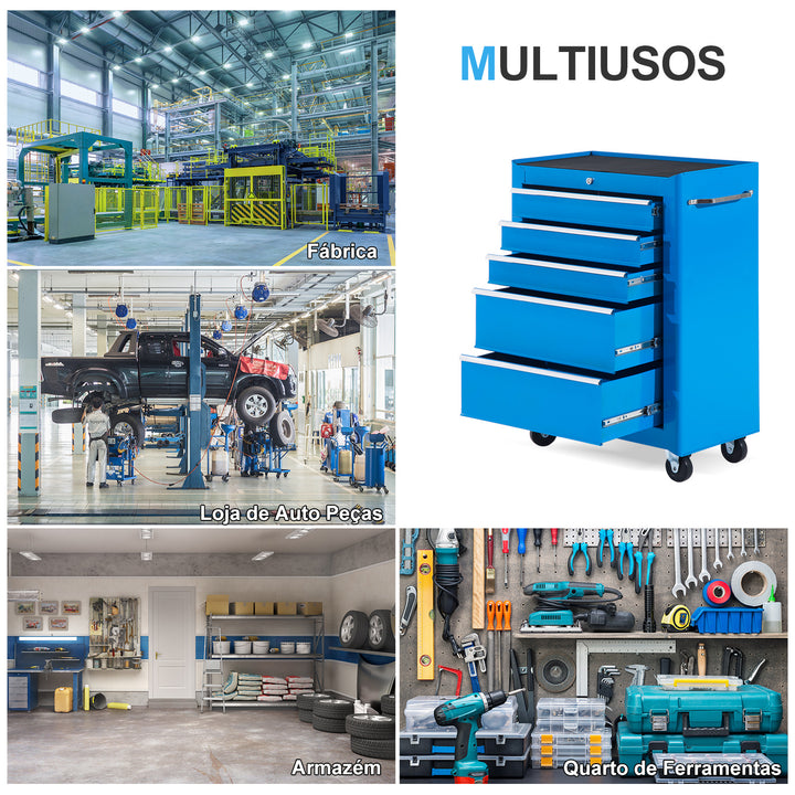 Carrinho de Ferramentas de Aço com 5 gavetas e 4 rodas Azul 61,5x33x85 cm