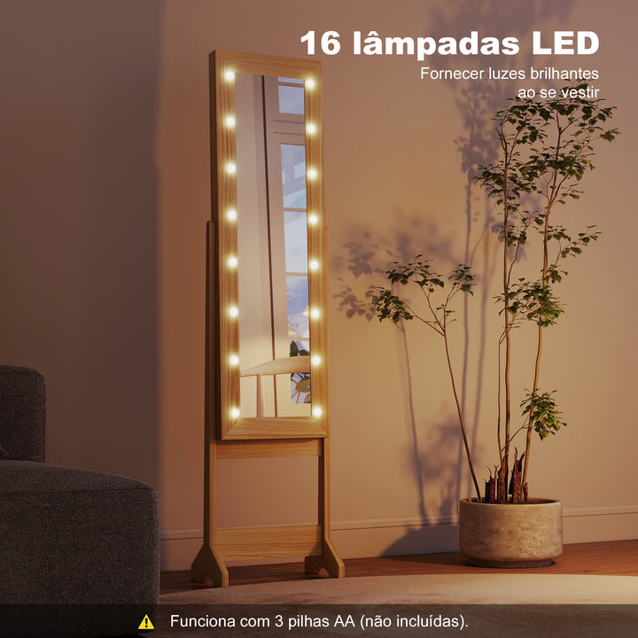 Espelho Joalheiro com Luzes LED Armário para Joias Joalheiro de Pé com Espelho Completo Ângulo Ajustável com Prateleiras Ranuras para Anéis 36x30x136 cm Madeira Natural