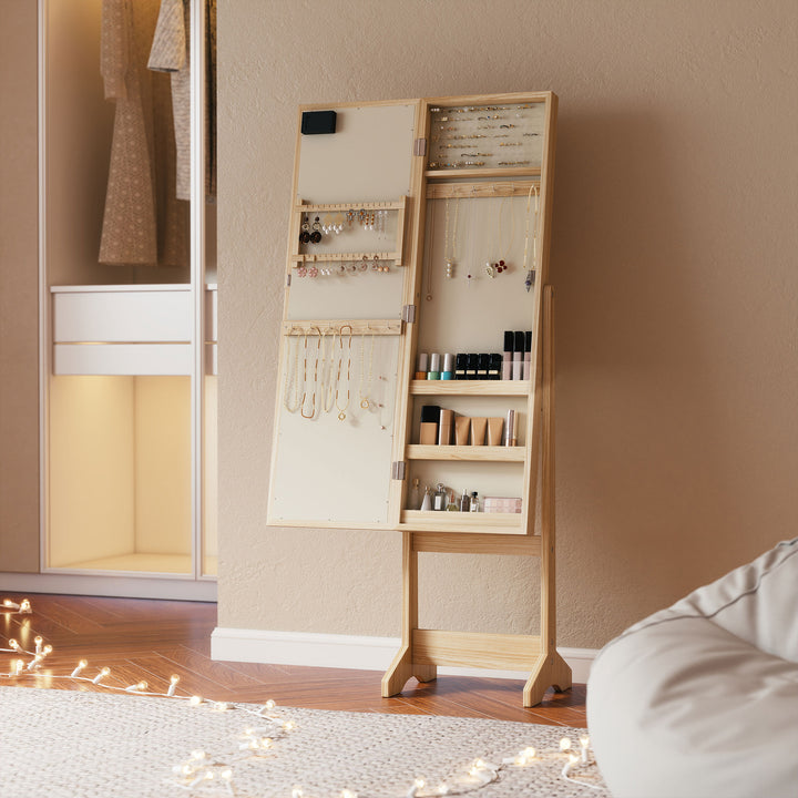 Espelho Joalheiro com Luzes LED Armário para Joias Joalheiro de Pé com Espelho Completo Ângulo Ajustável com Prateleiras Ranuras para Anéis 36x30x136 cm Madeira Natural