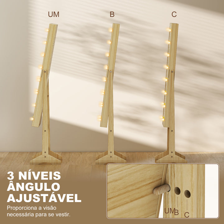 Espelho Joalheiro com Luzes LED Armário para Joias Joalheiro de Pé com Espelho Completo Ângulo Ajustável com Prateleiras Ranuras para Anéis 36x30x136 cm Madeira Natural