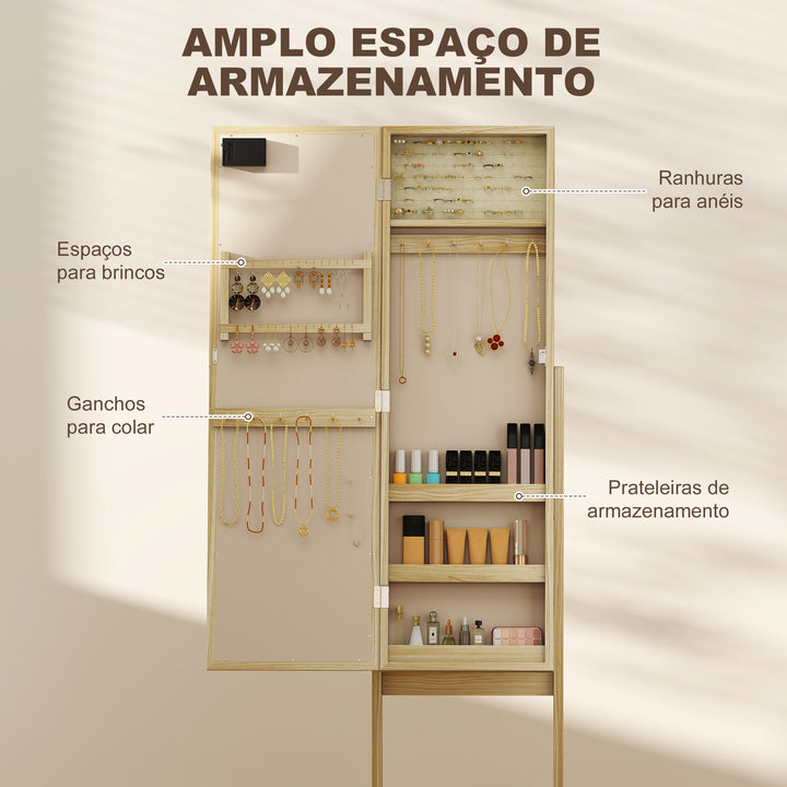 Espelho Joalheiro com Luzes LED Armário para Joias Joalheiro de Pé com Espelho Completo Ângulo Ajustável com Prateleiras Ranuras para Anéis 36x30x136 cm Madeira Natural