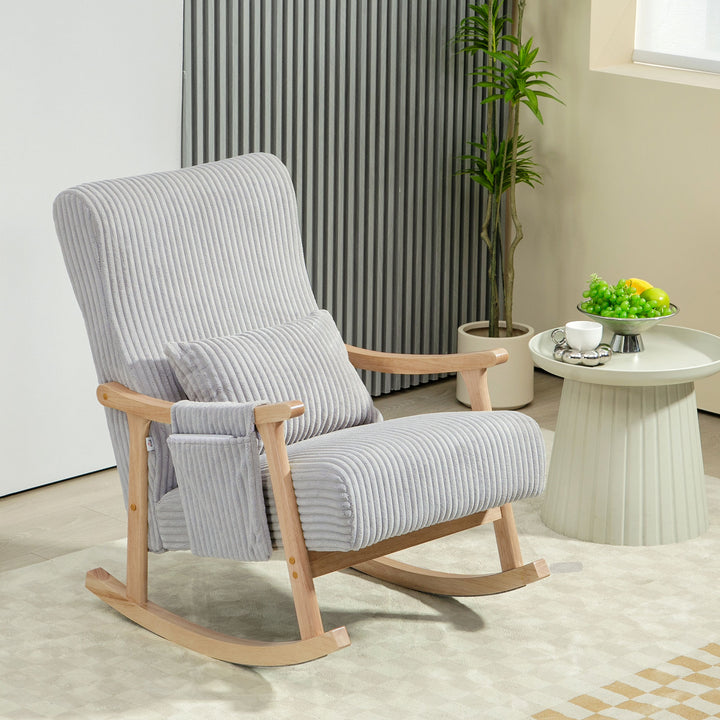 Poltrona Baloiço Moderna em Veludo Cotelê com Pés e Apoio para os Braços com Madeira de Faia Almofada Lombar e Bolso Poltrona de Amamentação Carga 120 kg para Dormitório Sala de Estar 65x90x98 cm Cinza