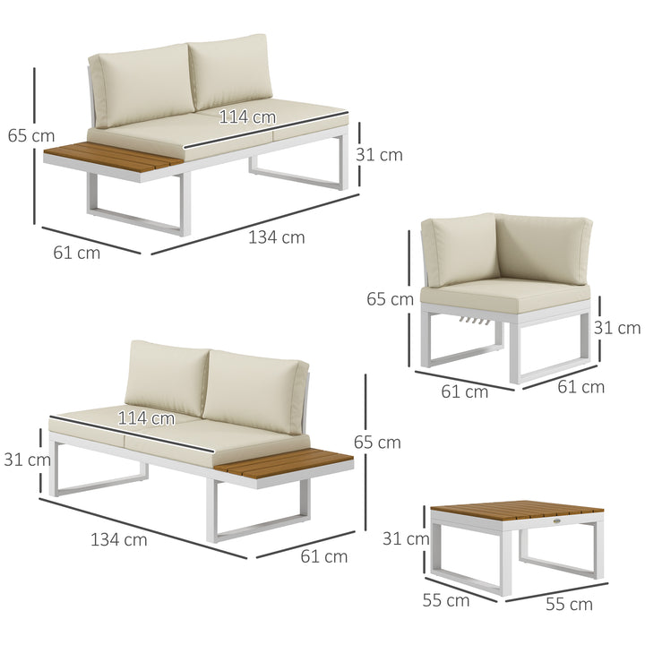 Conjunto de Móveis de Jardim 4 Peças Jogo de Móveis de Terraço Inclui 2 Sofás Duplos 1 Sofá de Canto Reclinável e Mesa de Centro com Almofadas para Pátio Creme