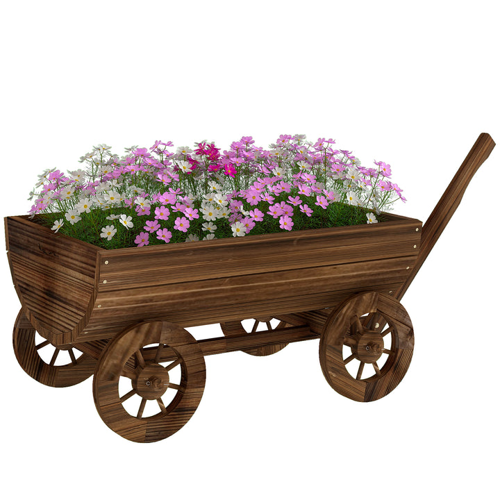 Carrinho de Madeira Decorativo com 4 Rodas e Pega Floreiro Exterior Móvel com Furo de Drenagem Floreiro para Plantas Jardim Terraço 115x40x54,5 cm Carbonizado