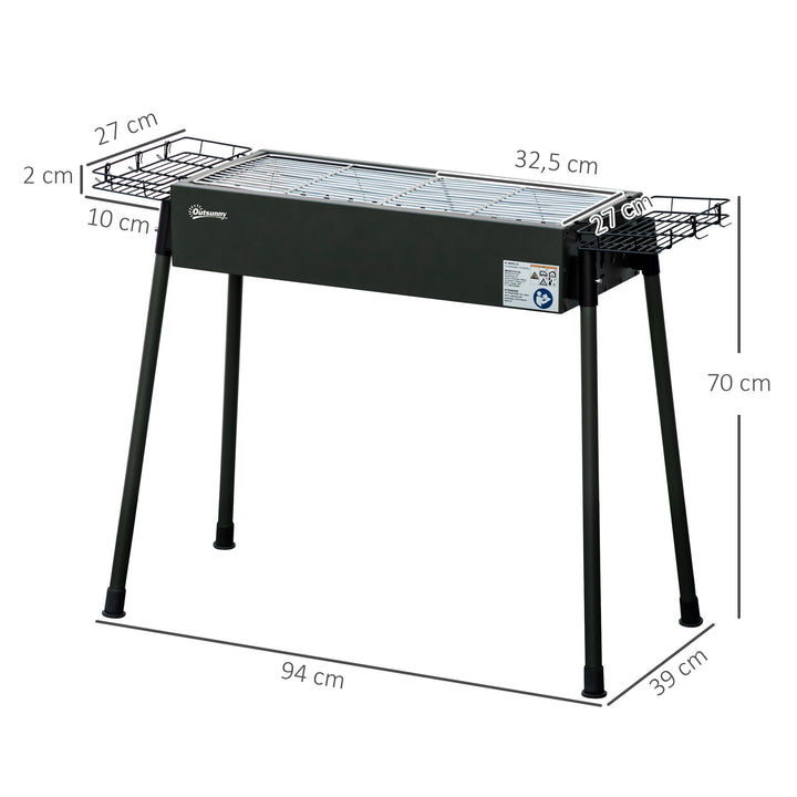 Barbecue a Carvão com 2 Grelhas de Aço Inoxidável Barbecue Portátil com 2 Prateleiras para Temperos com Ganchos para Campismo Jardim 77x30x70 cm Preto