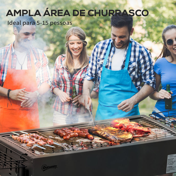Barbecue a Carvão com 2 Grelhas de Aço Inoxidável Barbecue Portátil com 2 Prateleiras para Temperos com Ganchos para Campismo Jardim 77x30x70 cm Preto